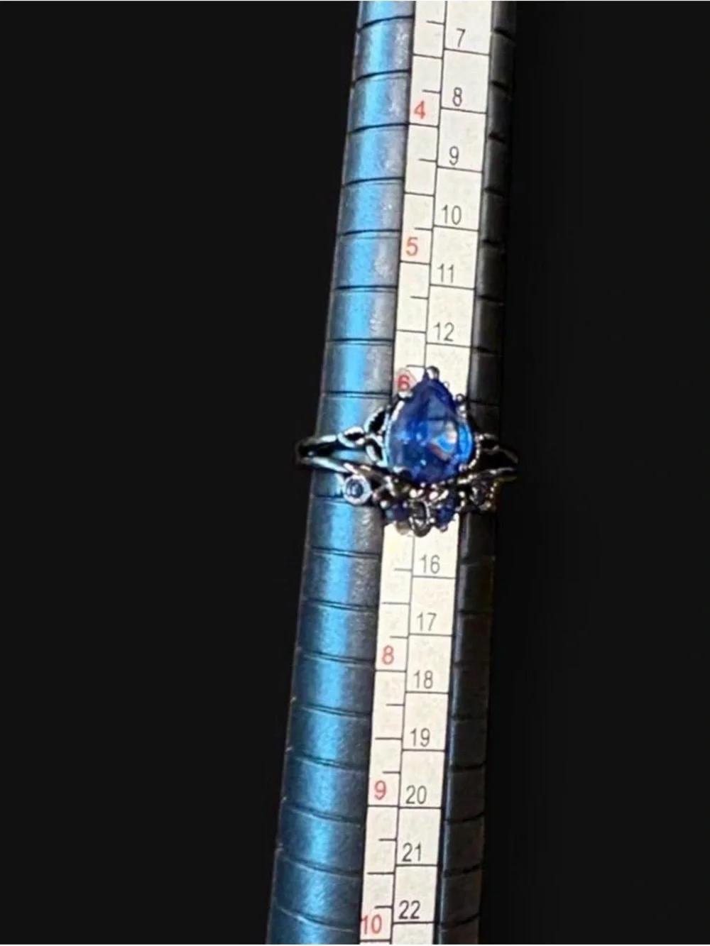 Blue Teardrop Cubic Zirconia Statement Ring - Set in Black